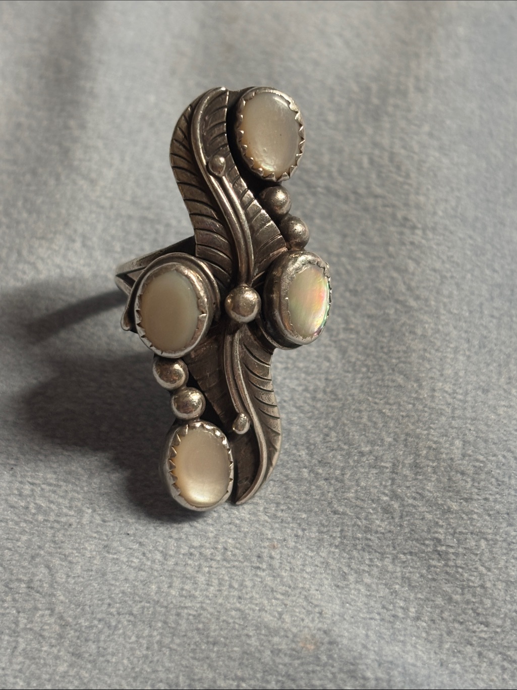 Vintage Erbert Ping Signedsterling Silver Mother-Of-Pearl Statement Ring Size 7